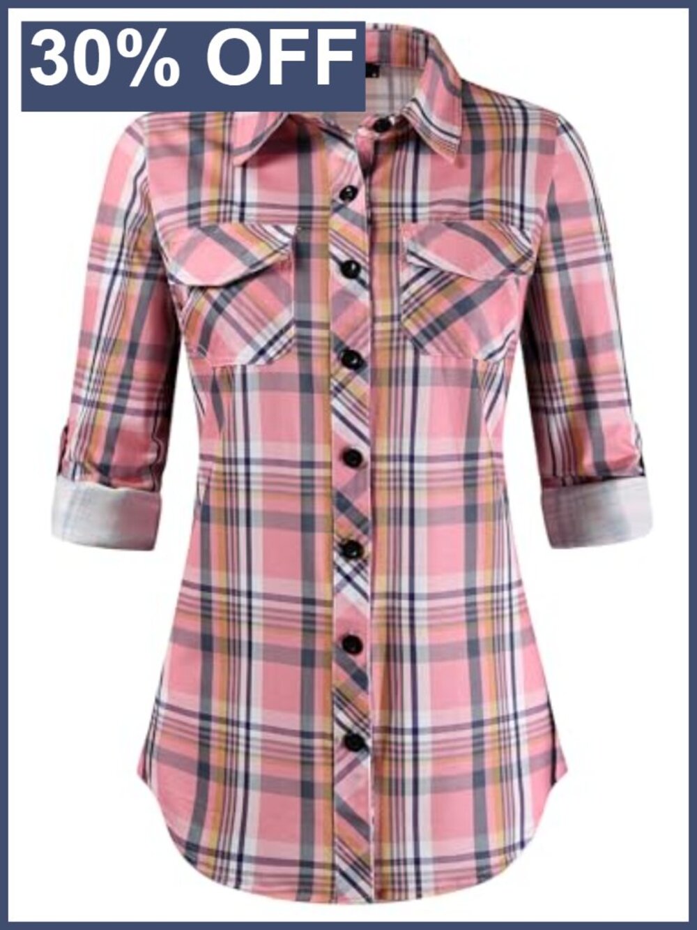 Knit Plaid Button Down Shirt Roll Tab Sleeve Stretchy Blouse